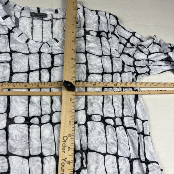 Shana Tunic Small Crinkle Textured Abstract Grid Print 3/4 Sleeve Artsy Top - Picture 7 of 10